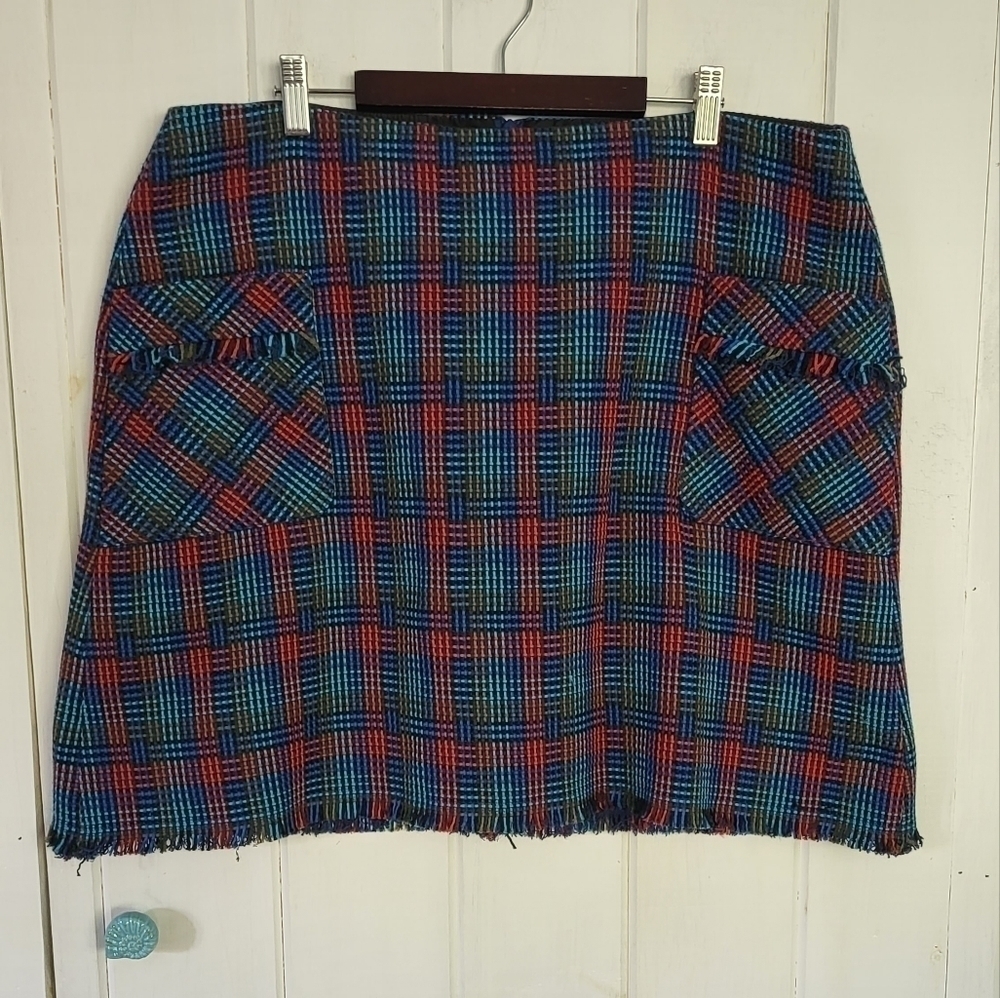 Boden Plaid Fringe Woven Mini Skirt Size 14